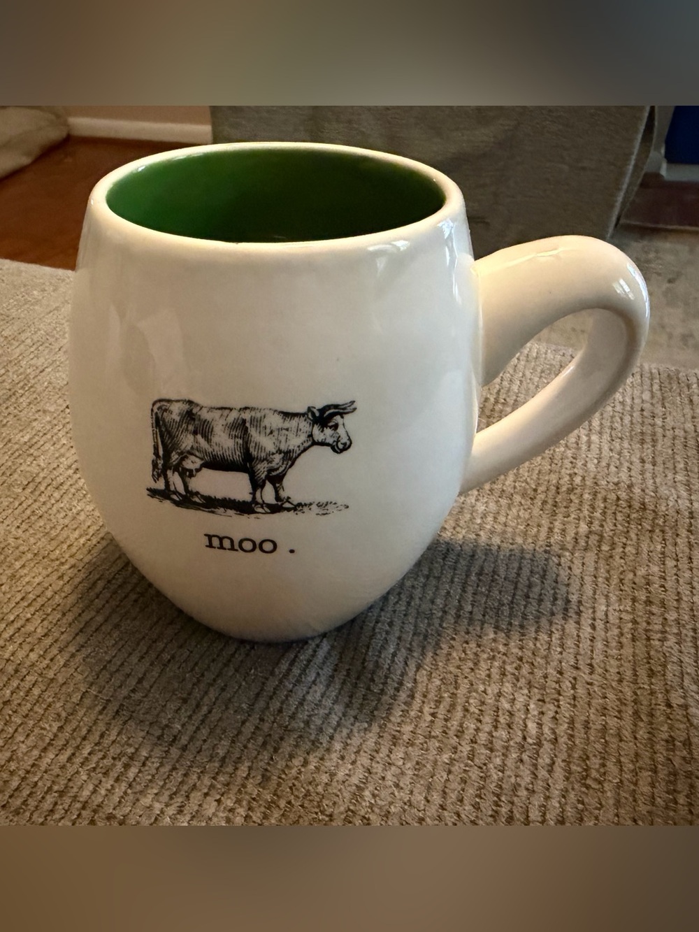 Magenta White Mug with Green Interior and Cow Illustration